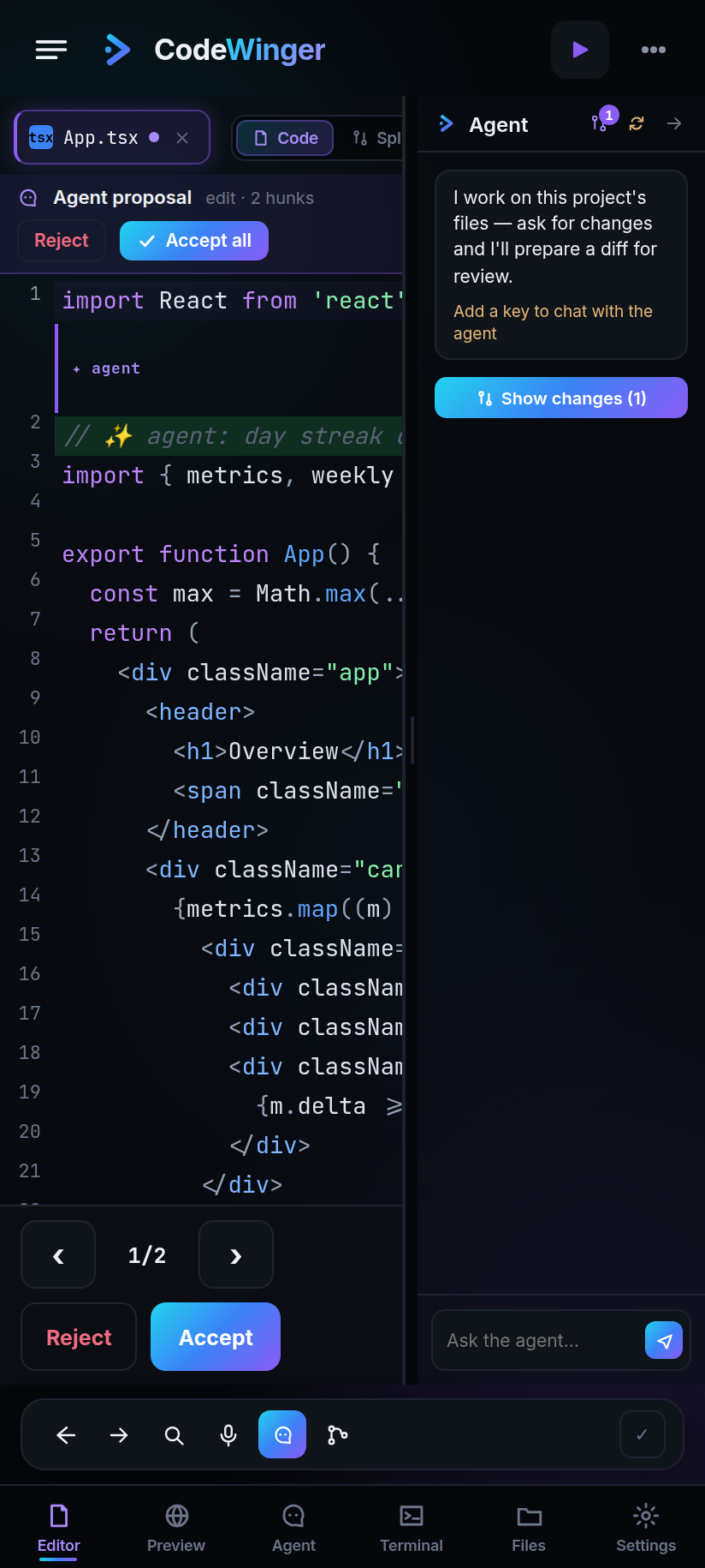 CodeWinger Android — Inline diff