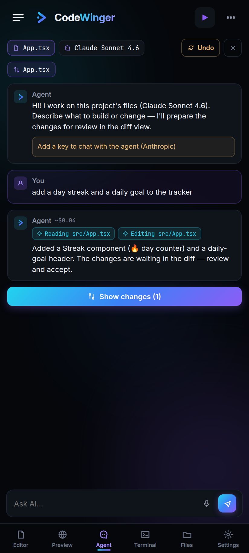 CodeWinger Android — Agent chat