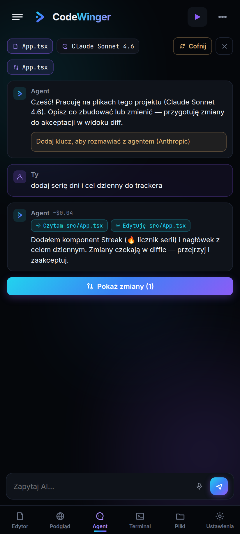 CodeWinger Android — Agent chat